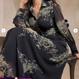 Elegant Black Floral Print Belted Dress Lined- Small